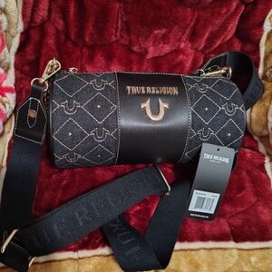True Religion Black Crossbody Bag with Gold Accents